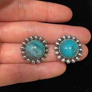Vintage Faux Turquoise Silver Tone Floral Stud Earrings